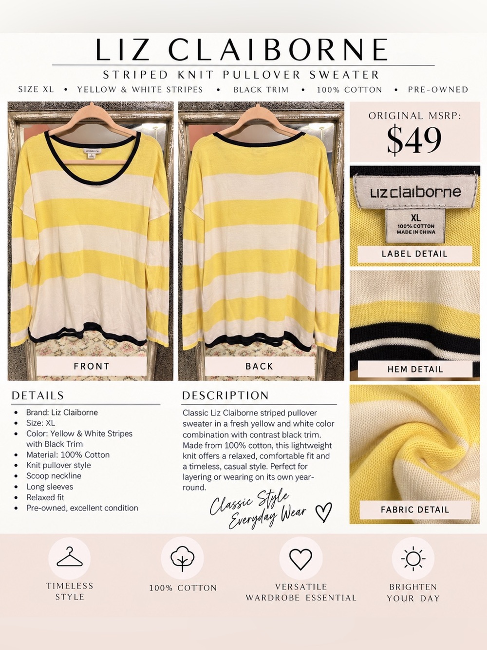 Liz Claiborne Yellow, White & Black Scoop Neck Striped Pullover